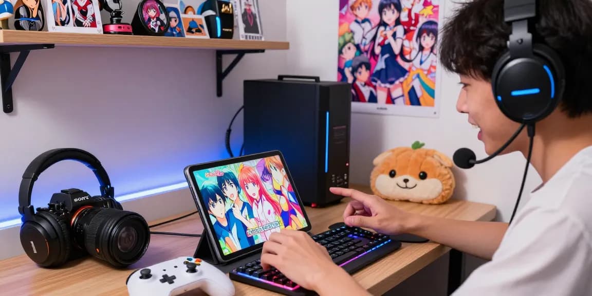 Player enjoying ecchi games on a tablet in a vibrant gaming setup, showcasing a cozy atmosphere.