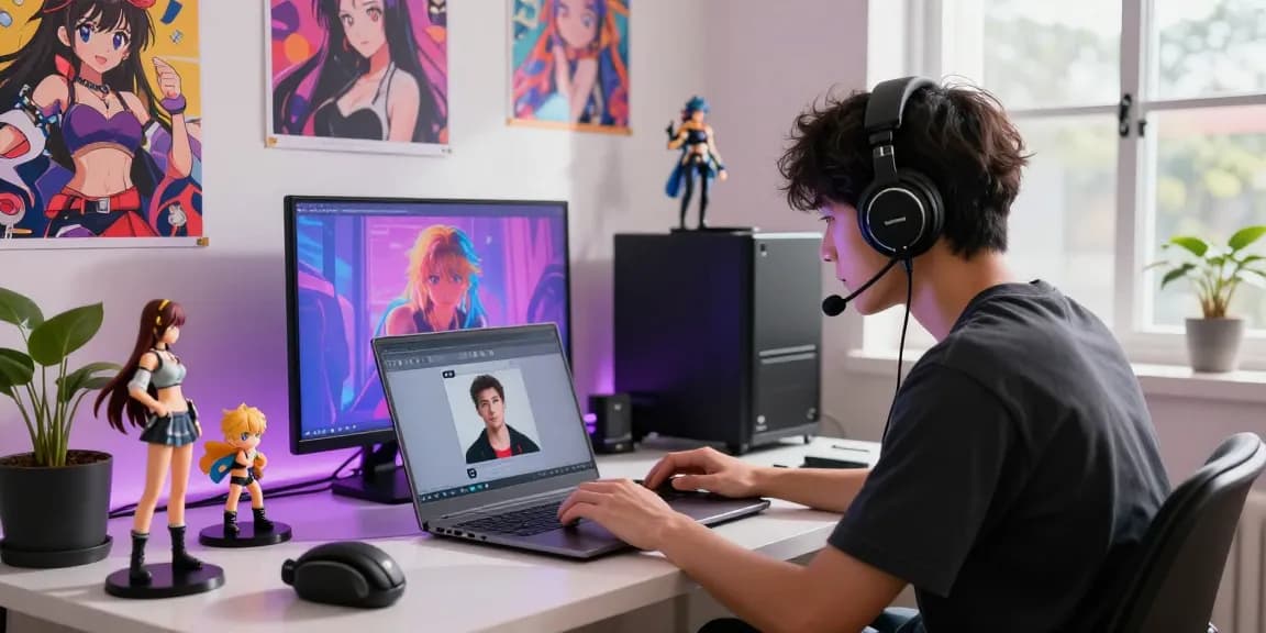 Engaging in ecchi ai chat on a laptop in a vibrant anime-themed studio.
