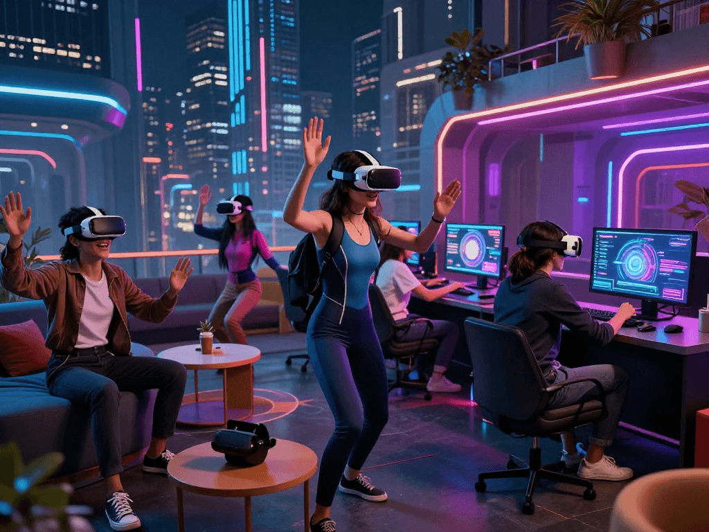 Immersive scene of friends playing a 3d sex game in a futuristic gaming lounge with vibrant neon lights.