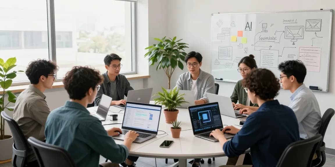 A diverse team collaborating in a modern tech workspace, showcasing AI agents on multiple screens, emphasizing teamwork and innovation.