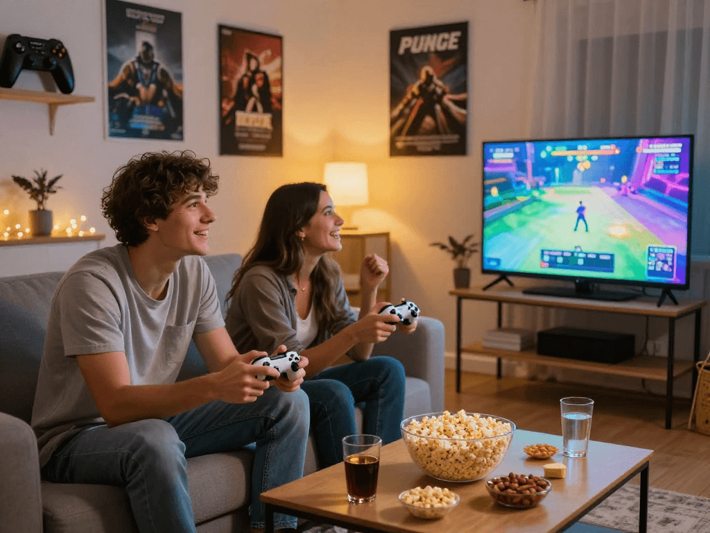 Couple enjoying a porngame together in a cozy living room setting