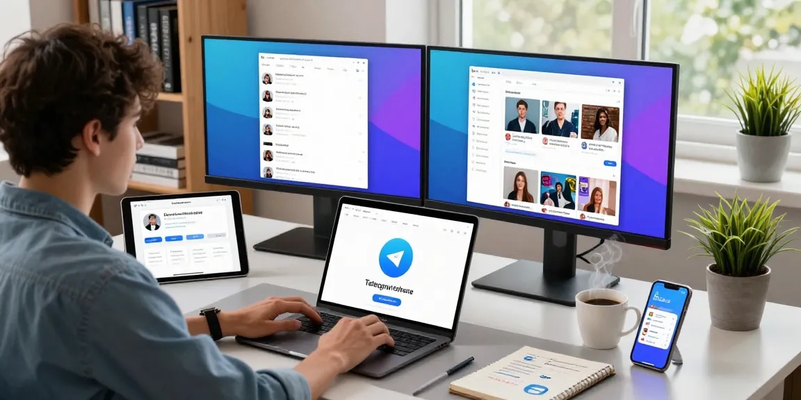Downloading Telegram下载 on a laptop in a modern workspace with dual monitors showing app features.