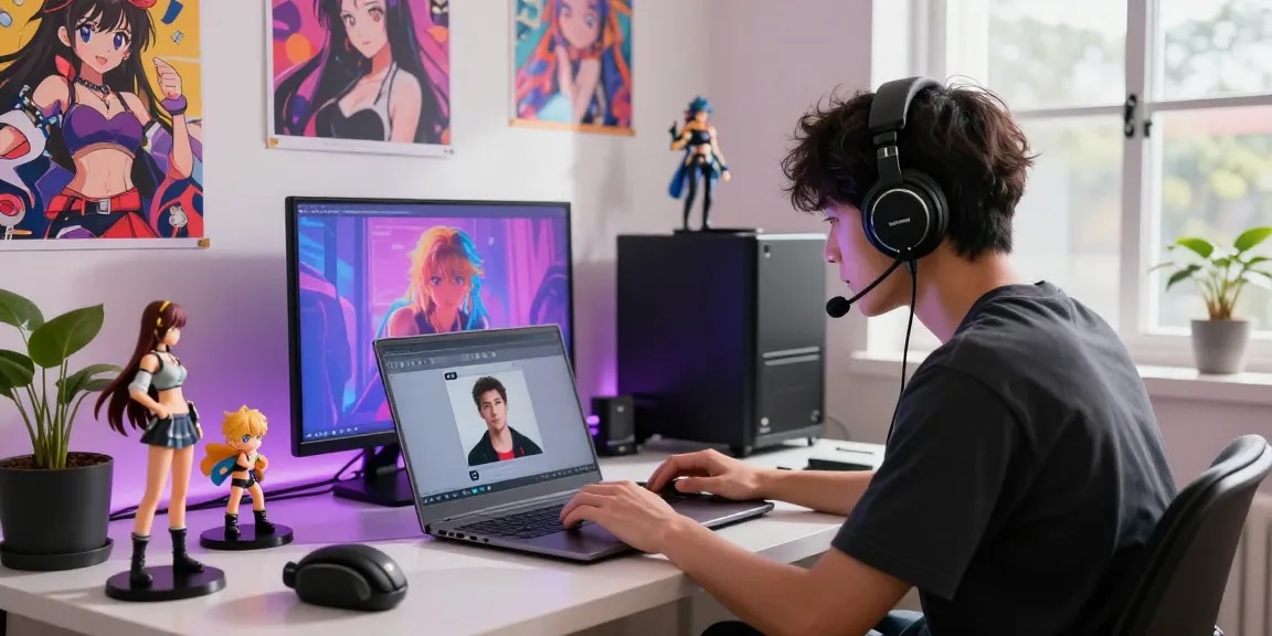 Engaging in ecchi ai chat on a laptop in a vibrant anime-themed studio.