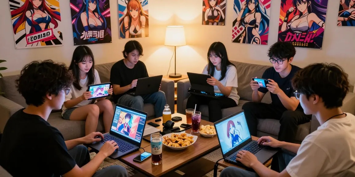 Engaging scene with gamers playing a hentai game together in a cozy living room.