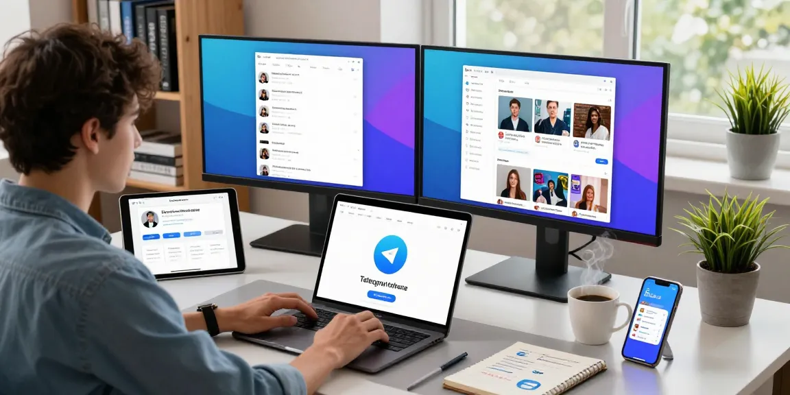 Downloading Telegram下载 on a laptop in a modern workspace with dual monitors showing app features.