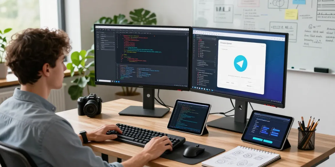 Seamless tech workspace featuring Telegram Download apps and coding interfaces in a modern office environment.
