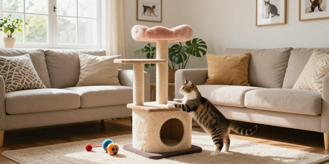 Playful cat exploring stylish cat trees in a cozy living room.