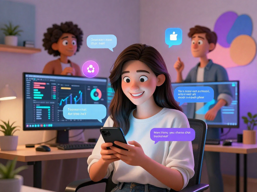 Interactive scene showing AI porn chat with diverse characters engaging in virtual chat.
