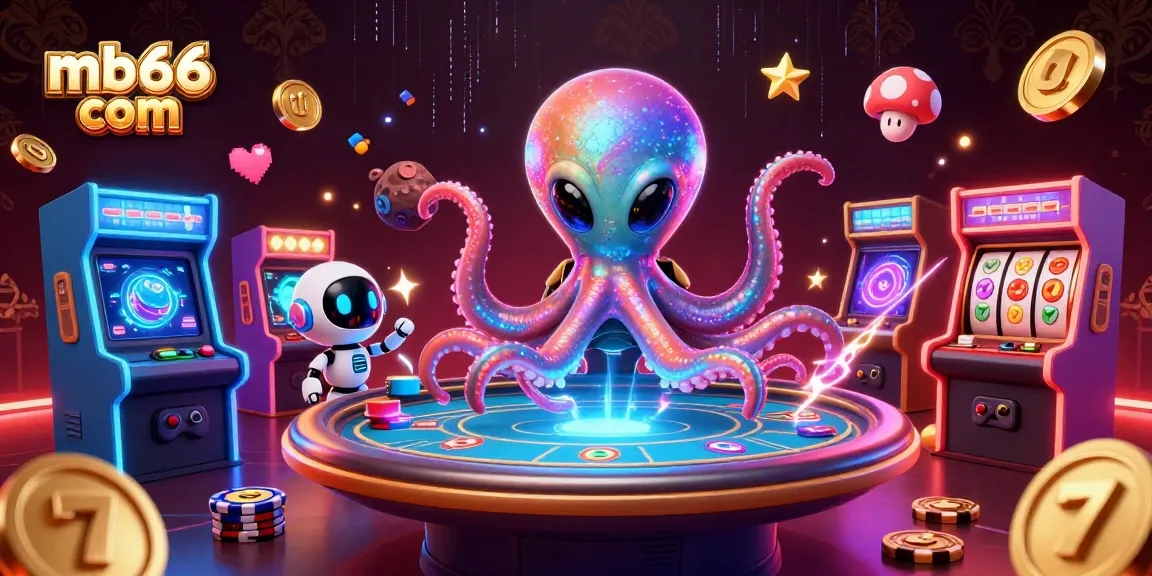 Experience thrilling gaming with mb66 com, where an alien octopus entertains at a vibrant 3D casino table.
