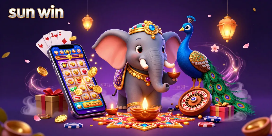 Experience the excitement of sun win with a colorful 3D jackpot scene featuring a festive elephant and vibrant slots.
