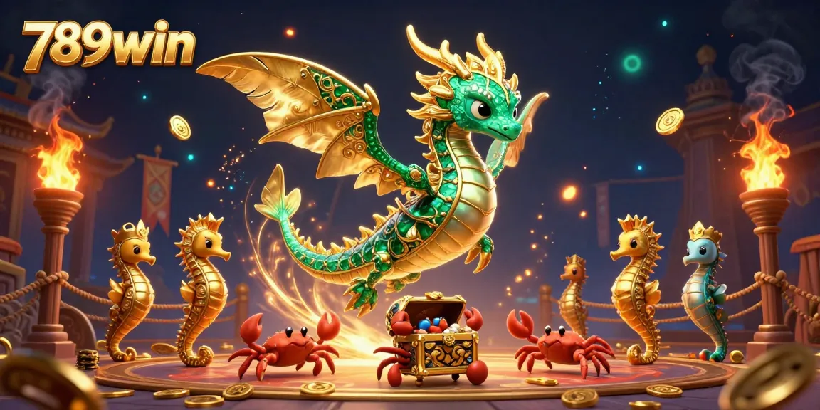 Engage with 789win casino adventures through a vibrant 3D illustration featuring dragons and treasure.
