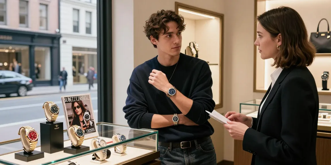 Discovering exquisite Rolex super clone watches in an elegant boutique showcasing luxury timepieces.
