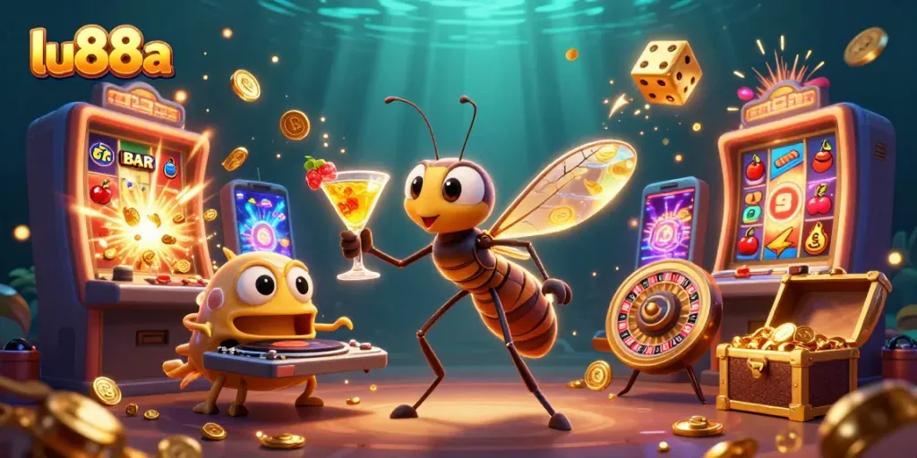 Experience thrilling gaming with lu88a's vibrant casino-themed 3D illustration, featuring iconic characters and jackpot excitement.