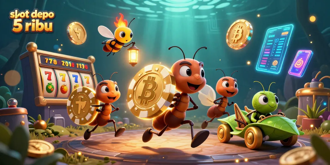 Spin to win with slot depo 5 ribu as a team of cartoon ants carry a giant poker chip.