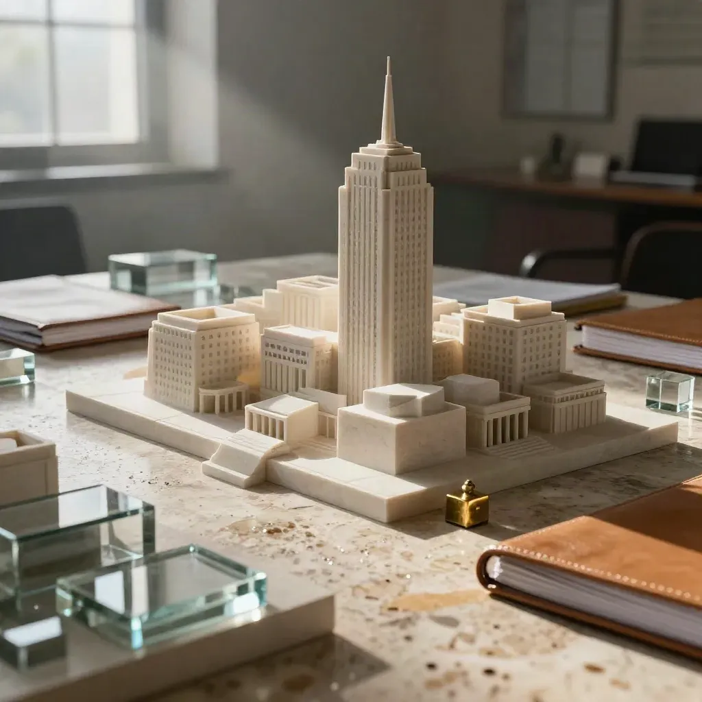 Stone city-office model with leather binders, glass blocks and brass paperweight in rainy dawn light.
