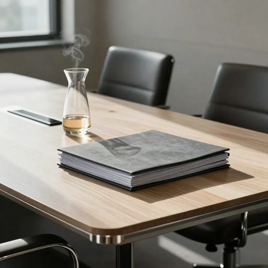 Boardroom table with folders, carafe and pushed-back chairs in a candid post-meeting moment