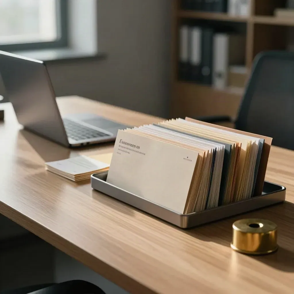 Finance desk with laptop, index cards, metal tray and sorted folders in cool morning light.