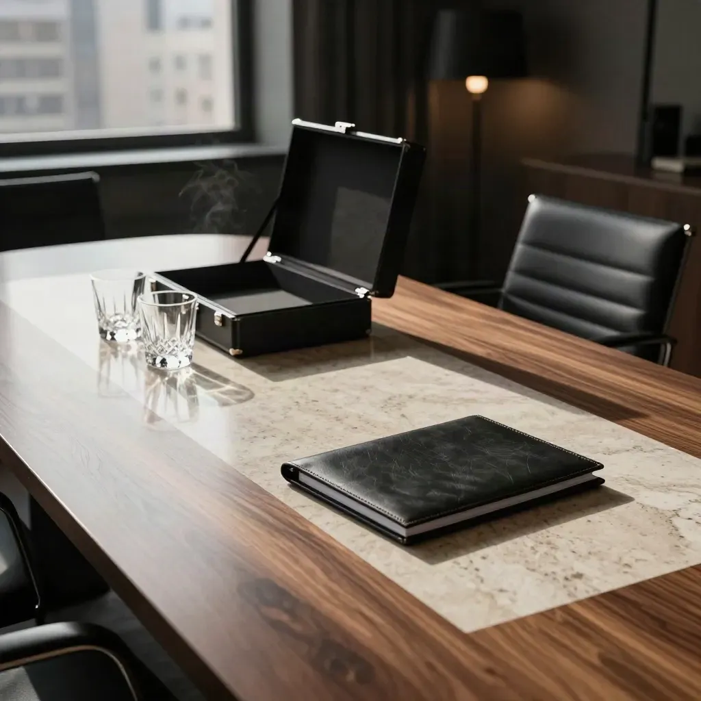 Low-angle finance meeting table with case, tumblers, chair back, and warm afternoon light