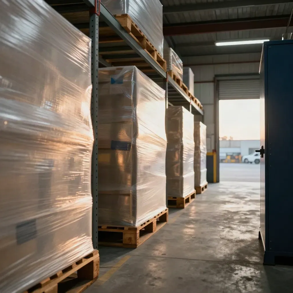 Wrapped pallets and steel shelving in a hazy loft lit by sunset