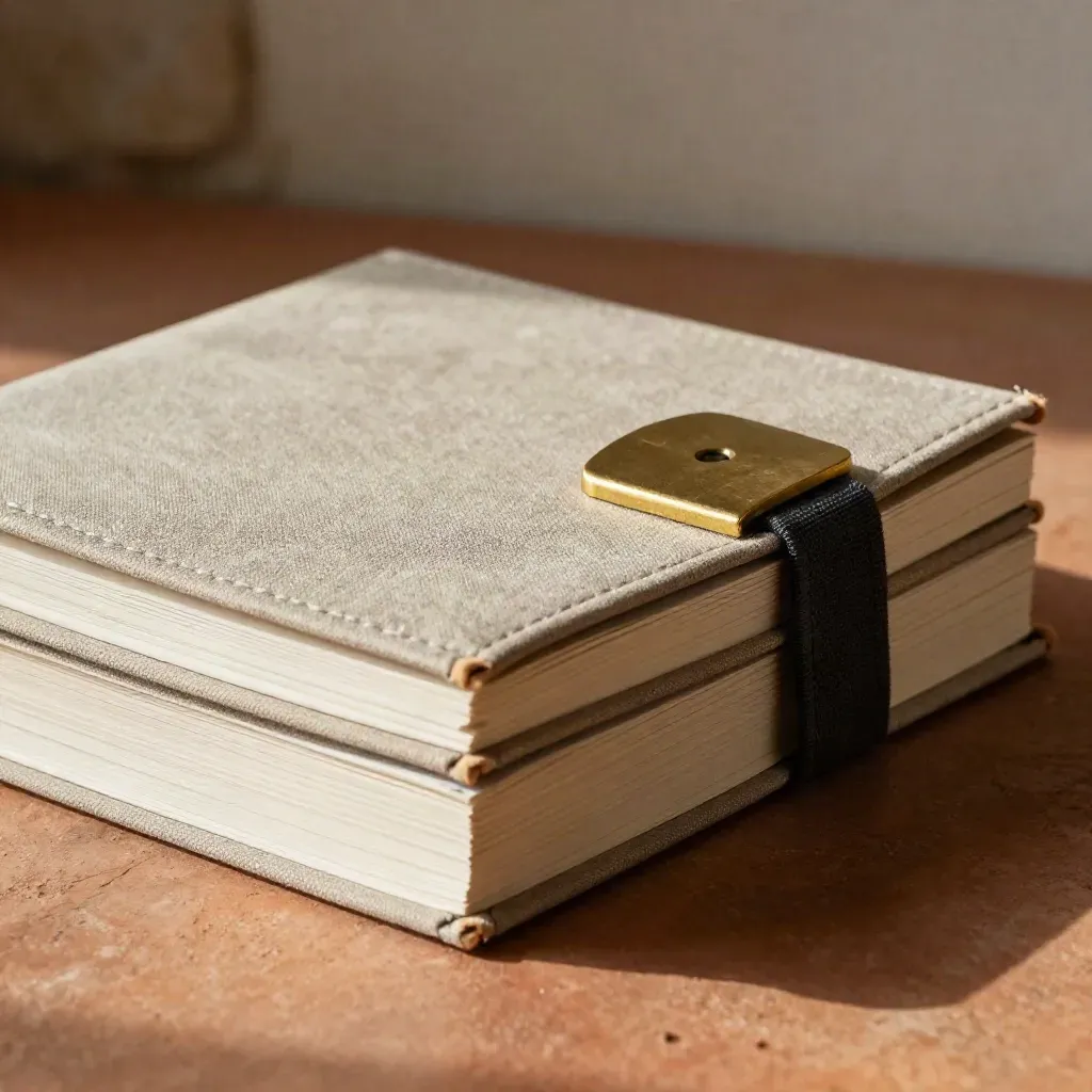 Stack of linen notebooks with brass weight on terracotta clay, lit from upper left