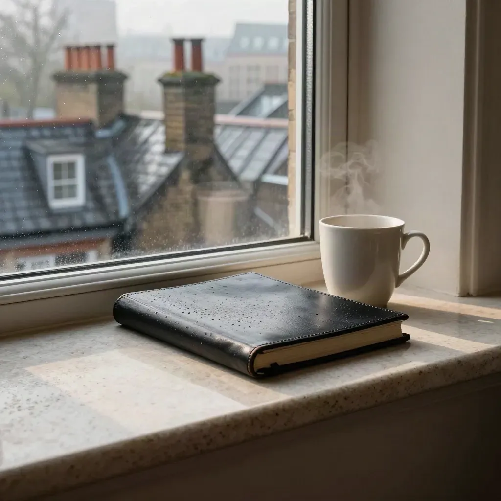Charcoal leather folio and ceramic cup on a rainy London window ledge, rooftops beyond.