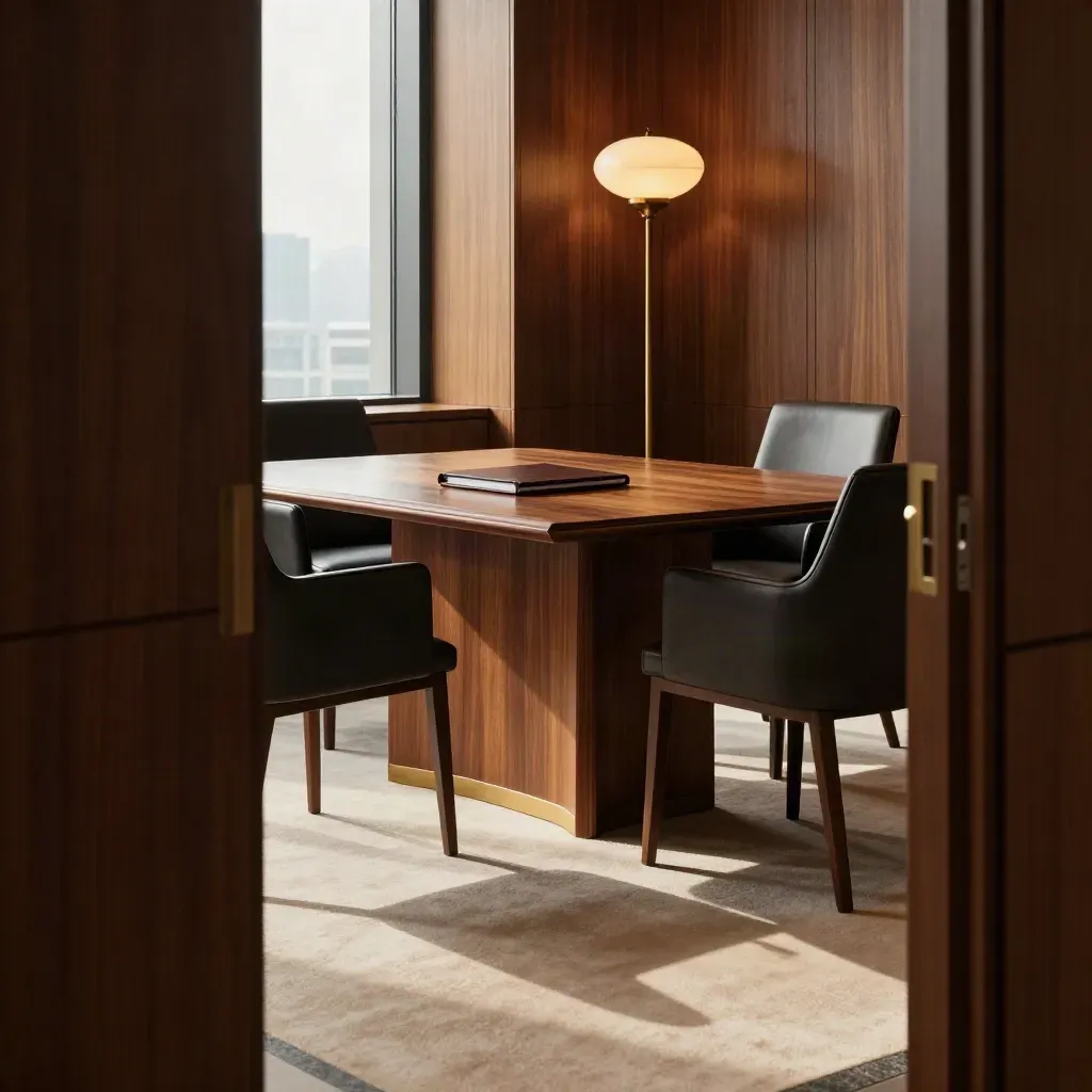 Boardroom corner with a leather binder, empty chairs and brass lamp in warm afternoon light.