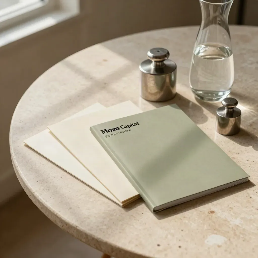 Stone table with folded paper sleeves, metal weights and a glass carafe in warm window light.
