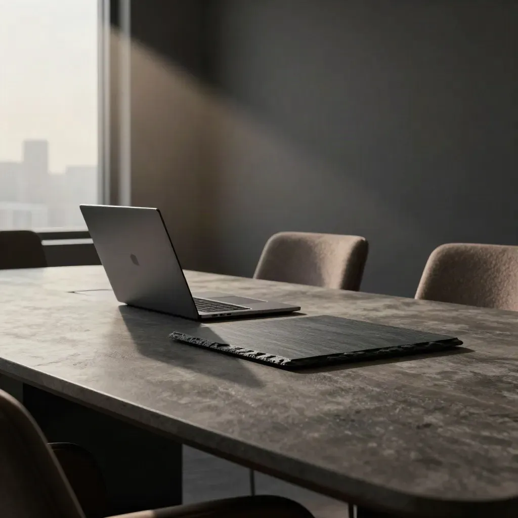 Moody meeting room with closed laptop, slate tray, and city light on the far wall.