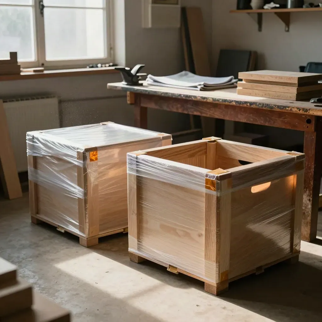 Workshop office with wrapped sample crates, a clean workbench and sunlit dust in a pale floor space.