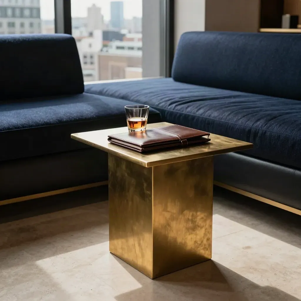 Brass side table, closed folios, and navy window seat in a private investor lounge.