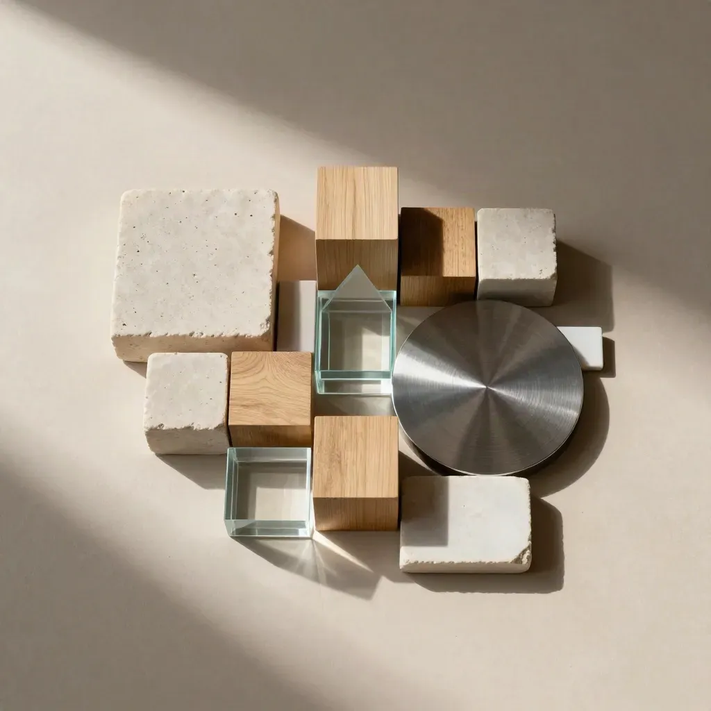 Overhead asset-mix still life of stone, wood, glass and metal on plaster with long shadows