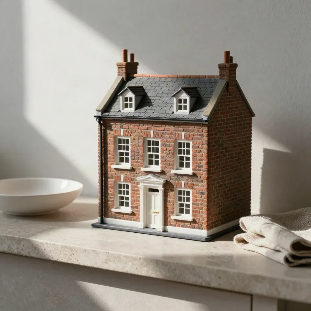 Miniature terraced house model beside a white dish and folded flax cloth on stone