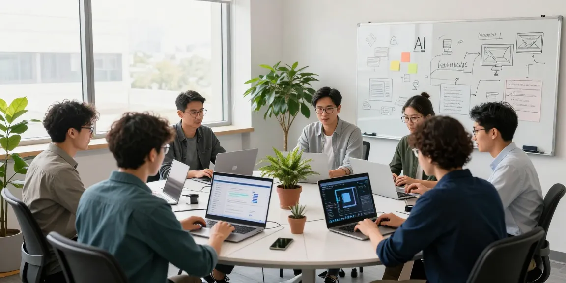 A diverse team collaborating in a modern tech workspace, showcasing AI agents on multiple screens, emphasizing teamwork and innovation.