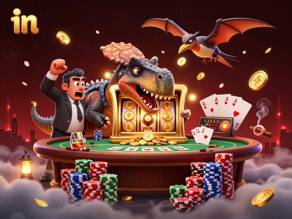 Headbutting jackpot machine in a wild casino scene with animated dinosaurs in action.