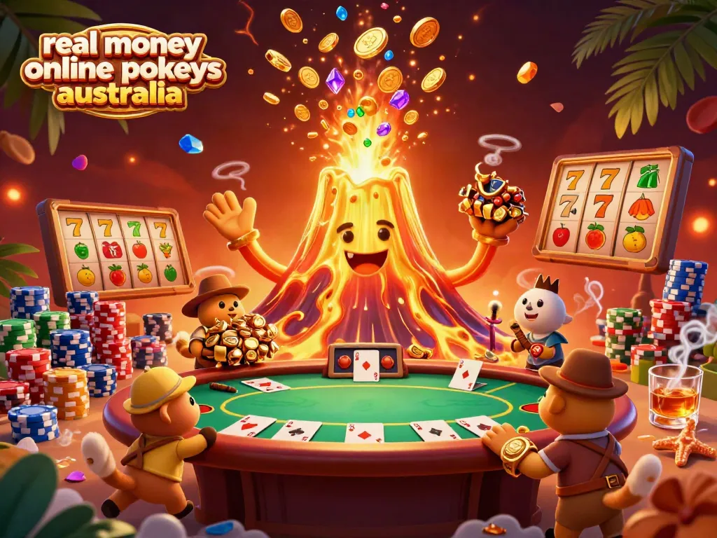 Spin the reels of real money online pokies Australia with a golden volcano erupting treasures in a vibrant scene.