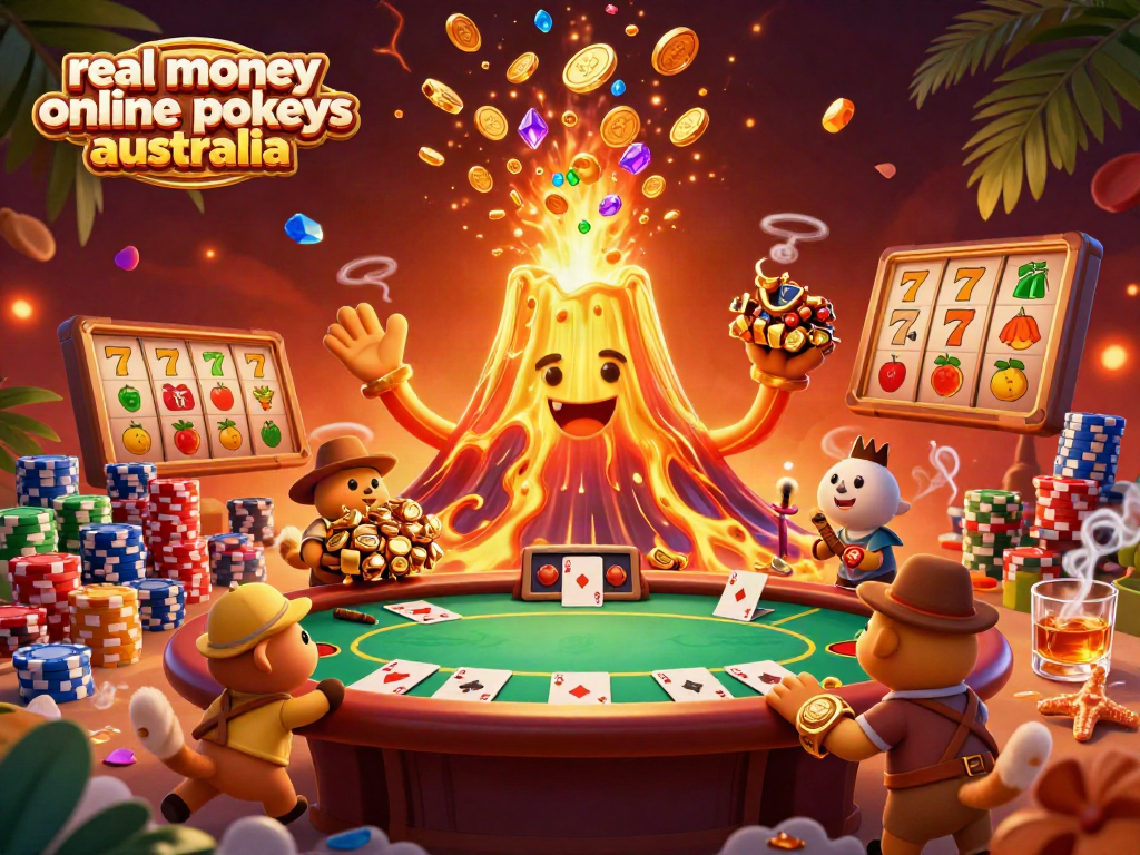 Spin the reels of real money online pokies Australia with a golden volcano erupting treasures in a vibrant scene.