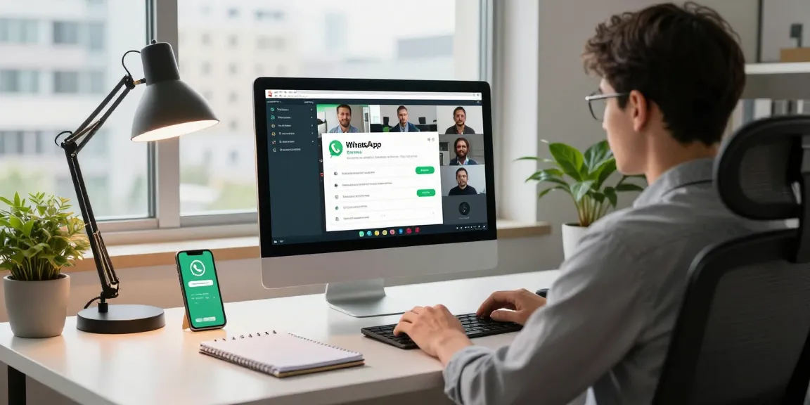 WhatsApp電腦版 showcased in a modern workspace with a person engaged on desktop, highlighting efficiency and connectivity.