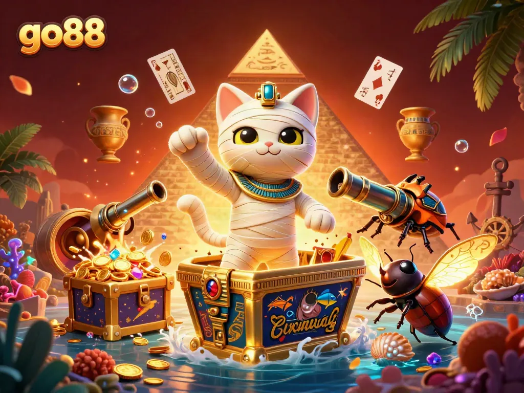 Play the exciting go88 casino games with the Egyptian mummy cat and golden treasures!