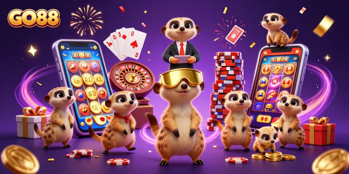 Experience the excitement of GO88 with playful meerkats in a vibrant casino scene.
