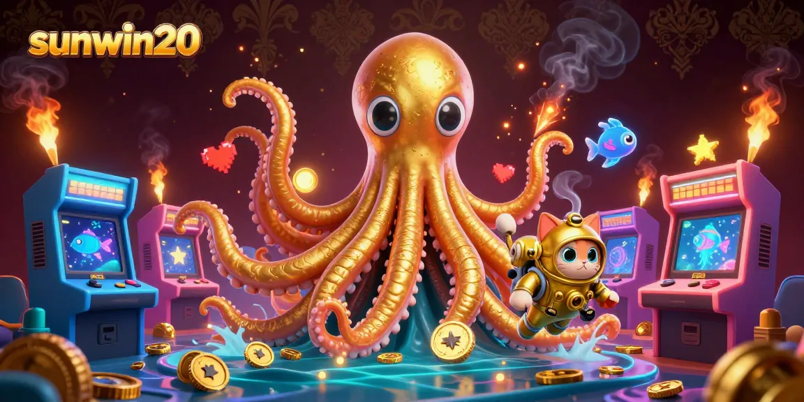 Play thrilling games at sunwin20 with a colossal kraken and diving cat in a stunning underwater scene.