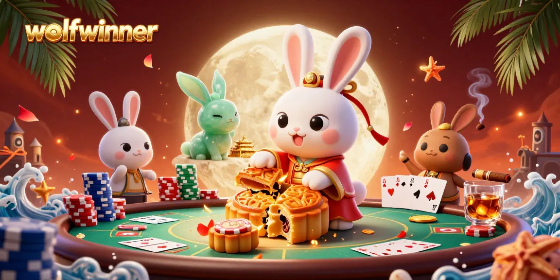 Experience wolfwinner with a vibrant scene of a moon rabbit gambling on lunar poker.