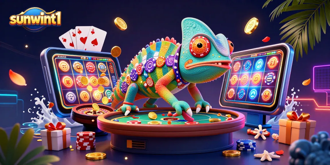 Experience thrilling games with sunwint1, featuring a colorful 3D chameleon casino owner and dynamic gaming elements.